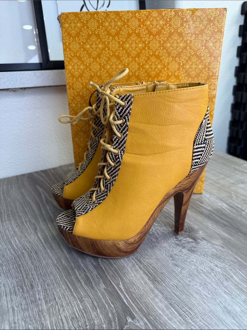 Yellow Lace-Up Peep-Toe High Heel Ankle Boots